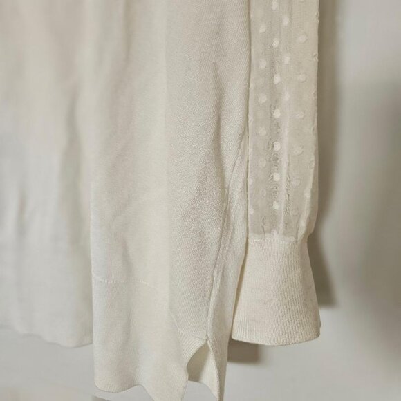Adrianna Pappell cardigan, white sheer w/ pleated, polka dotted V-neck sleeves. - Picture 2 of 8
